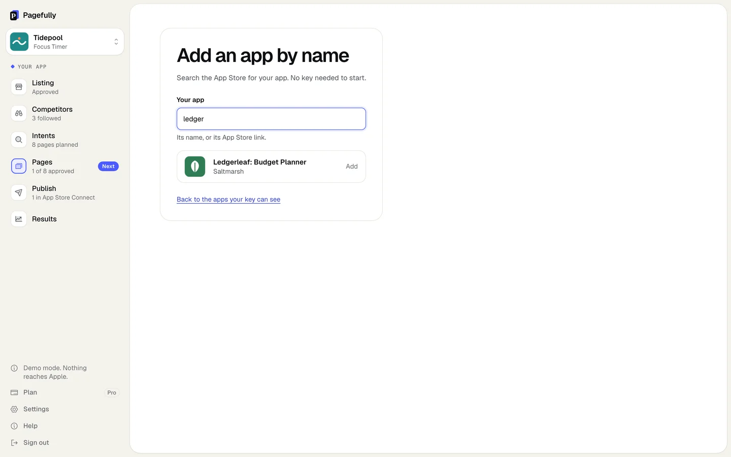 The Add an app by name screen with ledger typed in Your app, the result Ledgerleaf: Budget Planner with an Add button, and the link Back to the apps your key can see