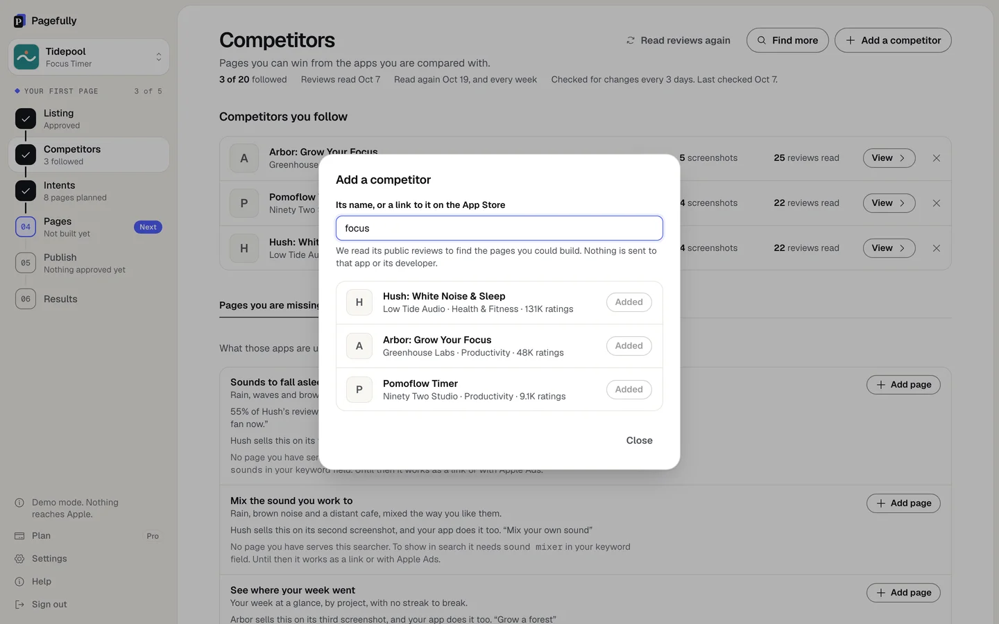 The Add a competitor dialog with focus typed in the field Its name, or a link to it on the App Store, and result rows marked Added