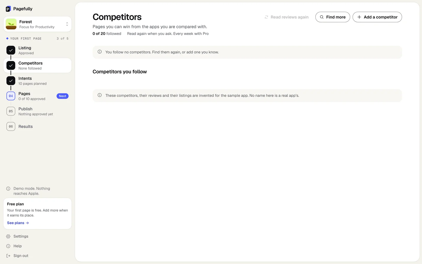 The Competitors screen with nobody followed: 0 of 20 followed and the sentence You follow no competitors. Find them again, or add one you know.
