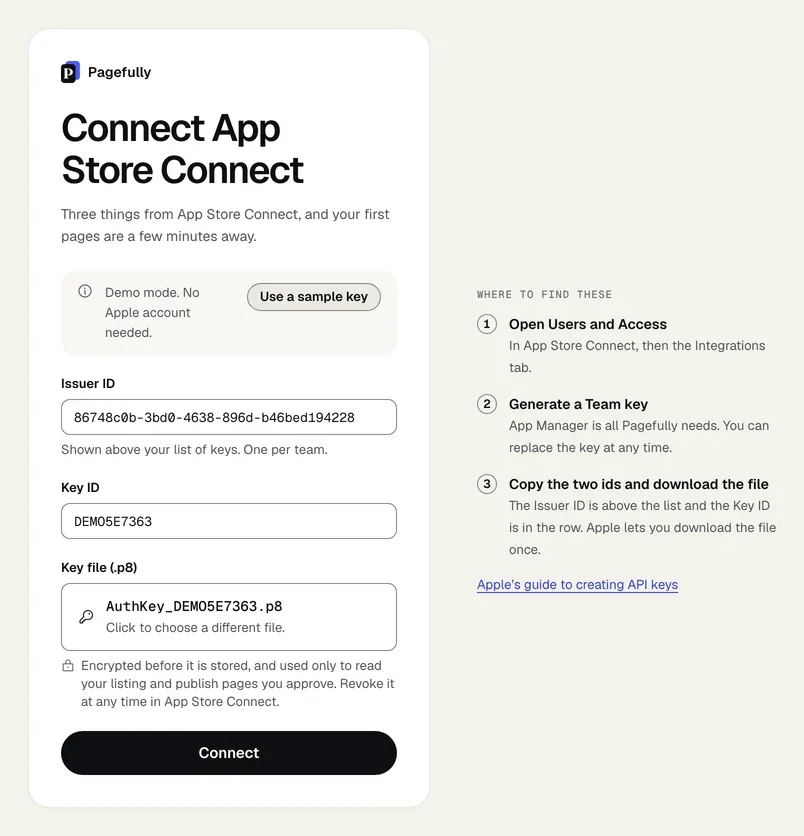 The same form with a Key ID and the file AuthKey_DEMO5E7363.p8 in place and the Connect button on