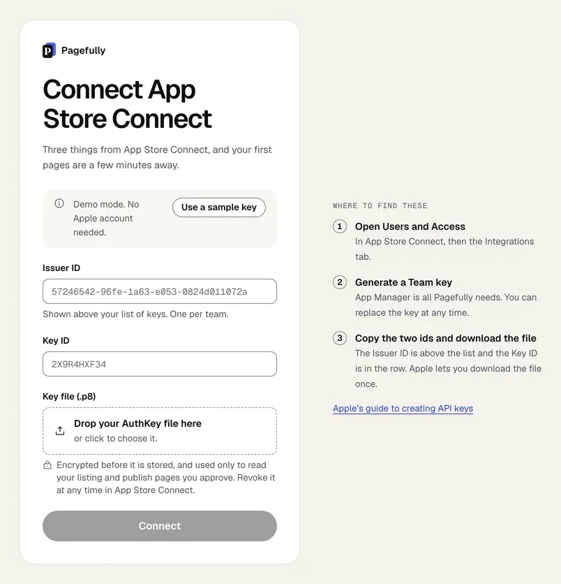 The Connect App Store Connect form with the fields Issuer ID, Key ID and Key file (.p8), the drop zone Drop your AuthKey file here, the Connect button, and the side guide Where to find these with three steps