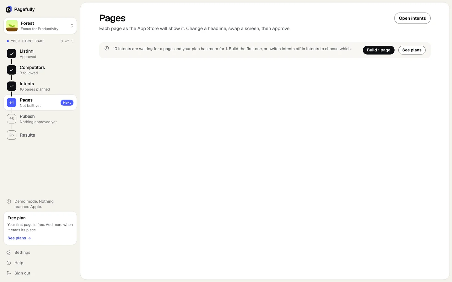 The Pages screen on Free before the free page is built: the notice that 10 intents are waiting for a page and the plan has room for 1, with the buttons Build 1 page, See plans and Open intents