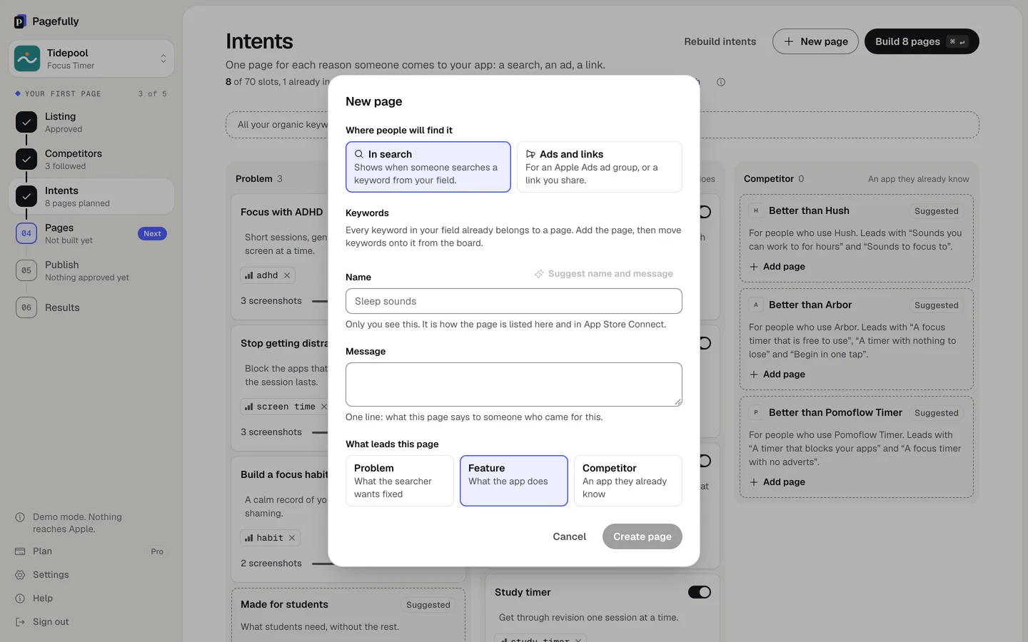 The New page dialog: Where people will find it with In search and Ads and links, Keywords, Name with Suggest name and message, Message, What leads this page with Problem, Feature and Competitor, and the buttons Cancel and Create page
