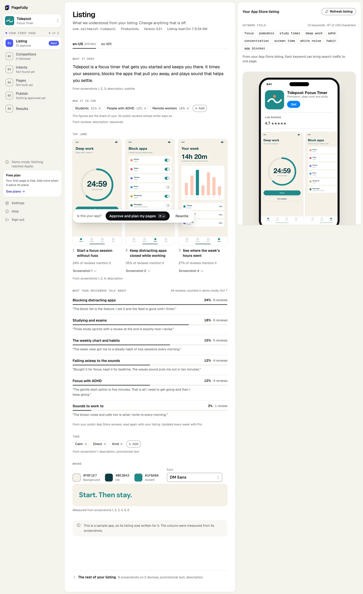 The Listing screen for Tidepool: tabs en-US primary and es-MX, the blocks What it does, Who it is for, Top jobs, What your reviewers talk about, Tone and Brand, the floating bar Is this your app? with Approve and plan my pages, and the right-hand panel Your App Store listing with Refresh listing and the Keyword field