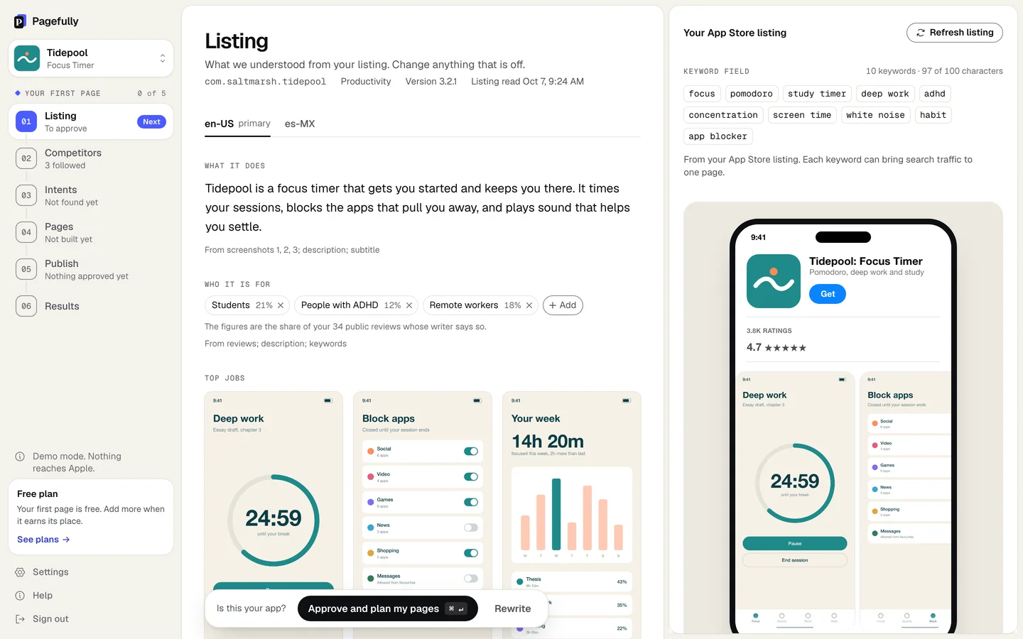 The Listing screen: What it does, Who it is for, Top jobs, What your reviewers talk about, Tone and Brand, the bar Is this your app? with Approve and plan my pages, and the right panel Your App Store listing with the Keyword field