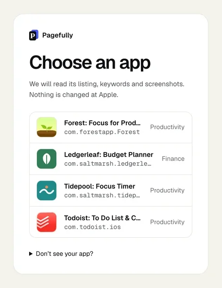 The Choose an app screen listing four apps the key can see, Forest, Ledgerleaf, Tidepool and Todoist, each with its bundle id, and a fold reading Don’t see your app?
