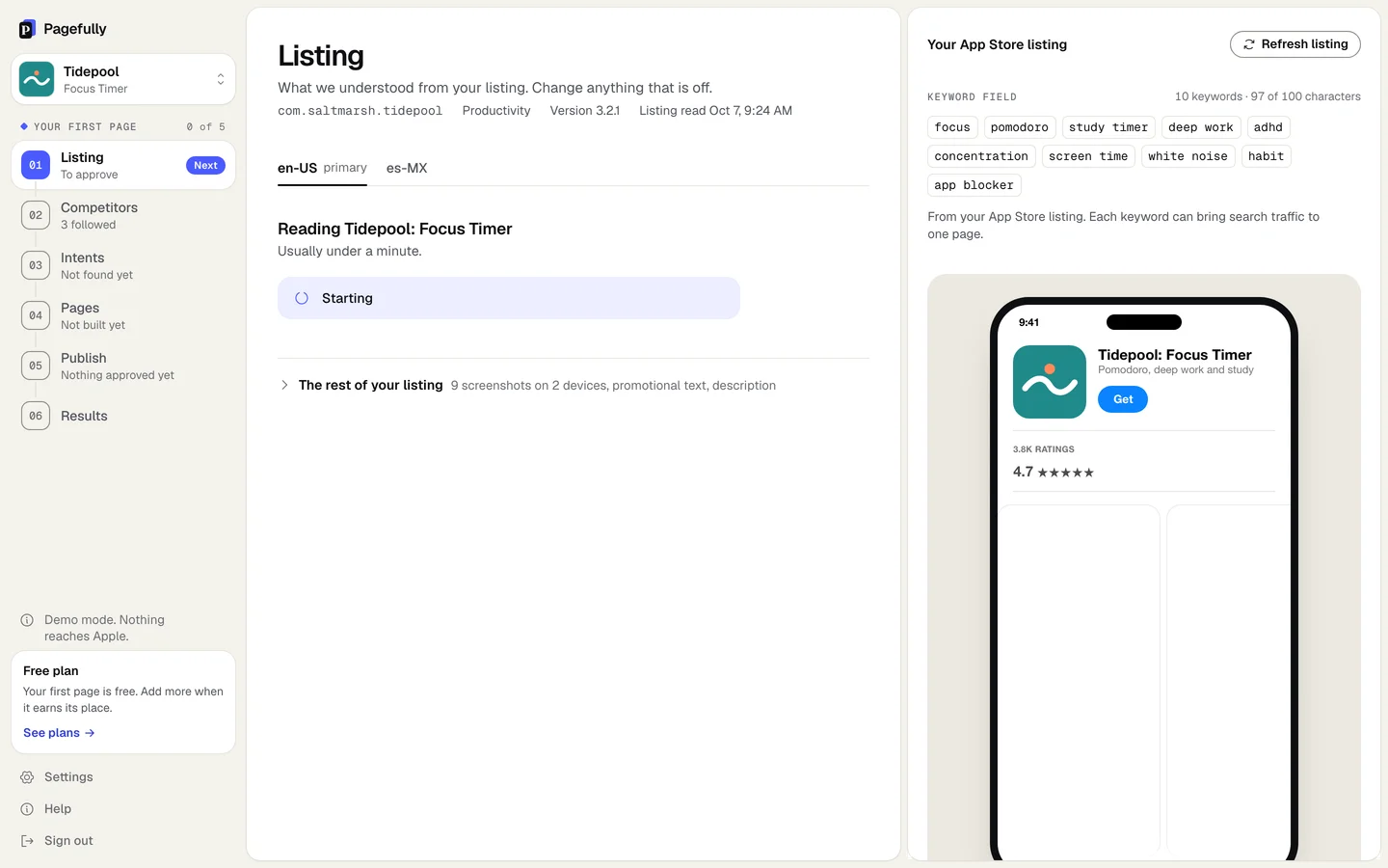 The Listing screen right after choosing an app: Reading Tidepool: Focus Timer, Usually under a minute, and the sidebar Your first page 0 of 5