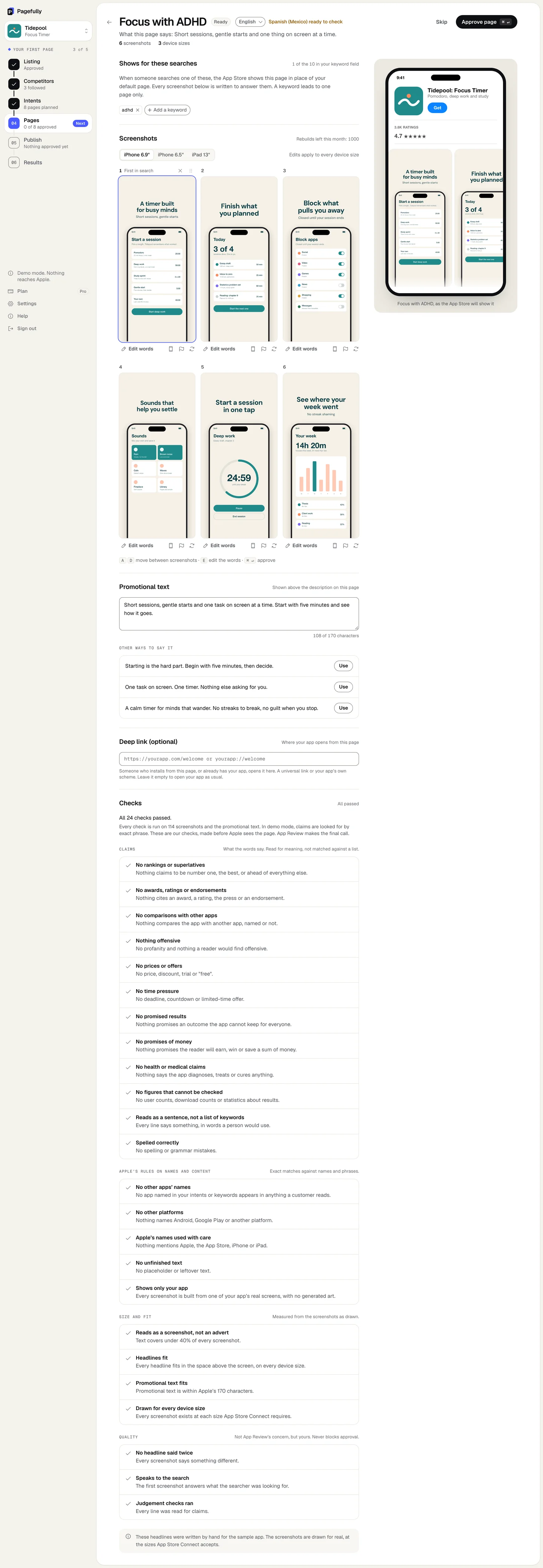 The whole page editor: the header with Skip and Approve page, Shows for these searches with Add a keyword, Screenshots with the device tabs iPhone 6.9 inch, iPhone 6.5 inch and iPad 13 inch, Edit words on each screenshot, Promotional text, Deep link and Checks, with the App Store preview on the right