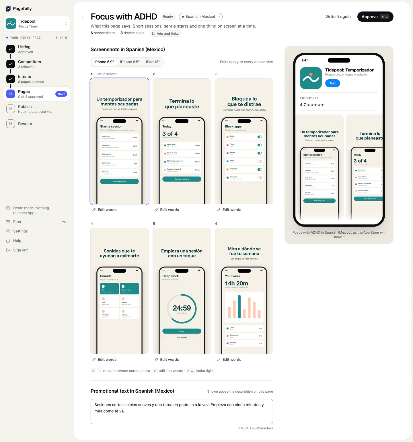 The page in Spanish (Mexico): Screenshots in Spanish (Mexico) with the headlines drawn on the pictures, the buttons Write it again and Approve, and the App Store preview in Spanish