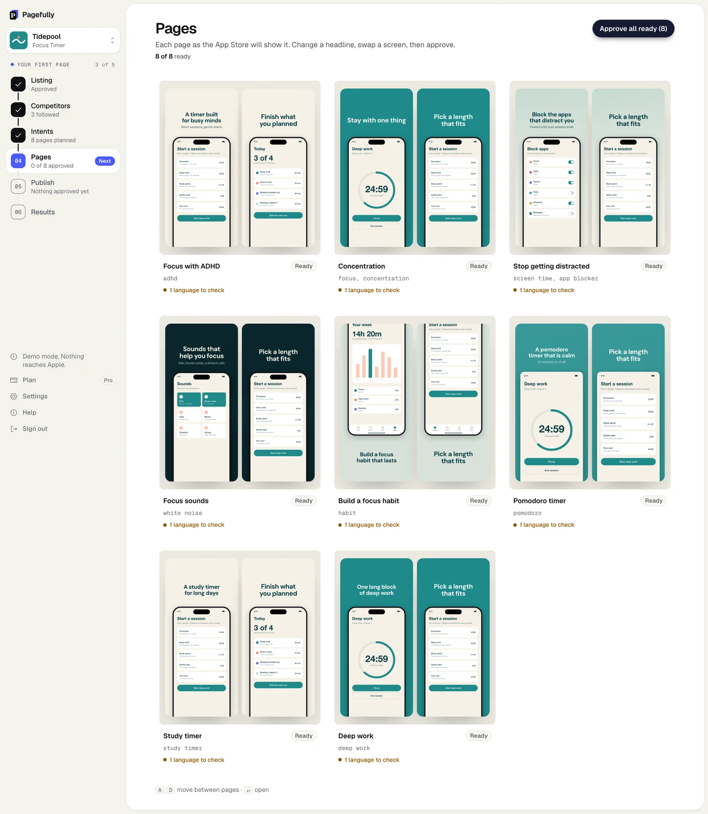 The Pages screen with eight pages ready, each shown as its first two screenshots, the button Approve all ready (8) and the count 8 of 8 ready