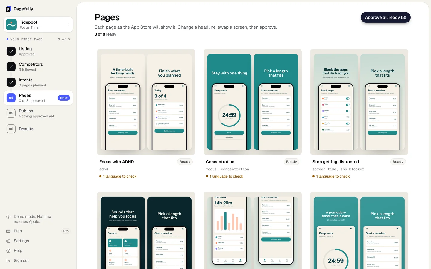 The Pages grid: each page as its first two screenshots with its name, the status Ready, and the button Approve all ready at the top