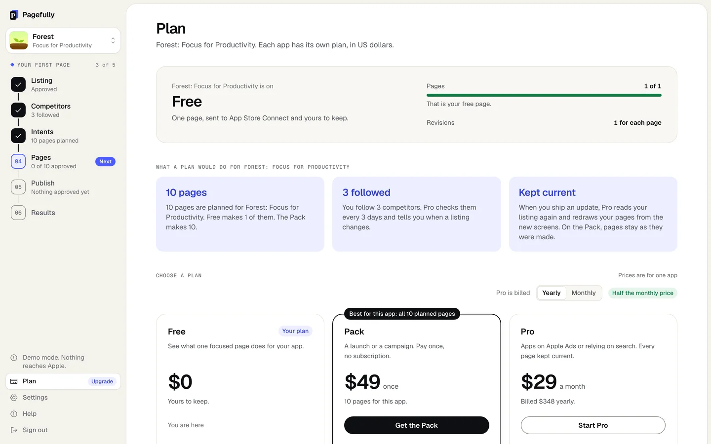 The Plan screen on Free after the free page is made: Pages 1 of 1 with That is your free page, and the Pack card marked Best for this app: all 10 planned pages, with Get the Pack and Start Pro
