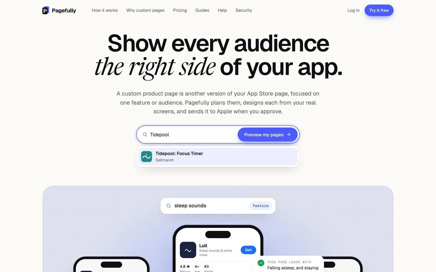 The Pagefully home page with the search field focused and an app name typed; one result shows under Apps on the App Store, with the buttons Preview your pages, Try it free and Log in