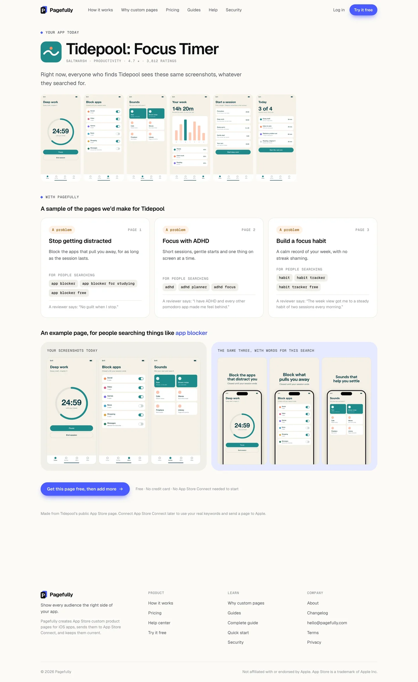 A finished preview for Tidepool: Your app today with its screenshots, With Pagefully with three page cards and A problem chips, an example page for people searching, and the button Get this page free, then add more