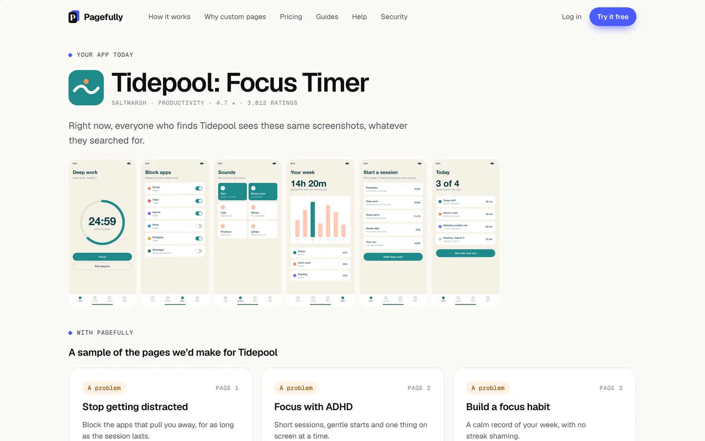 The preview page: Your app today with the app's current screenshots, then With Pagefully with three planned pages, an example designed page, and the button Get this page free, then add more
