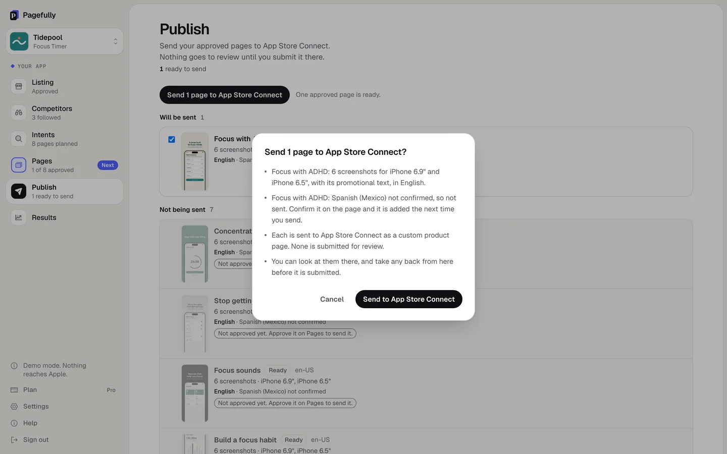 The sheet Send 1 page to App Store Connect? listing the page's screenshots and promotional text, the line None is submitted for review, and the buttons Cancel and Send to App Store Connect