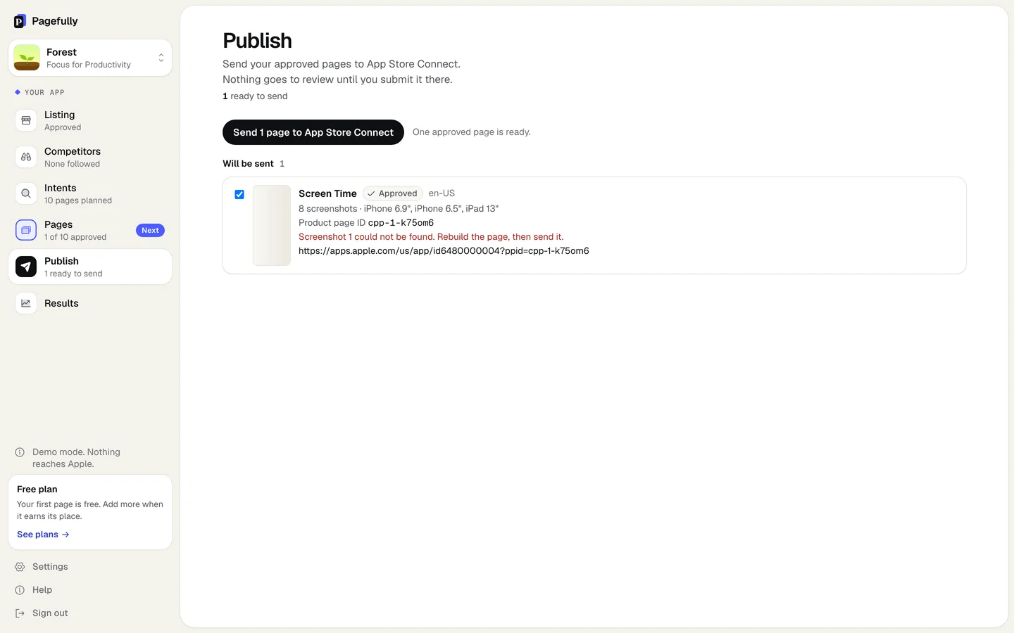 The Publish screen with a page whose send failed: the pill still reads Approved, the row shows Product page ID and the sentence Screenshot 1 could not be found. Rebuild the page, then send it. The button Send 1 page to App Store Connect is still offered.