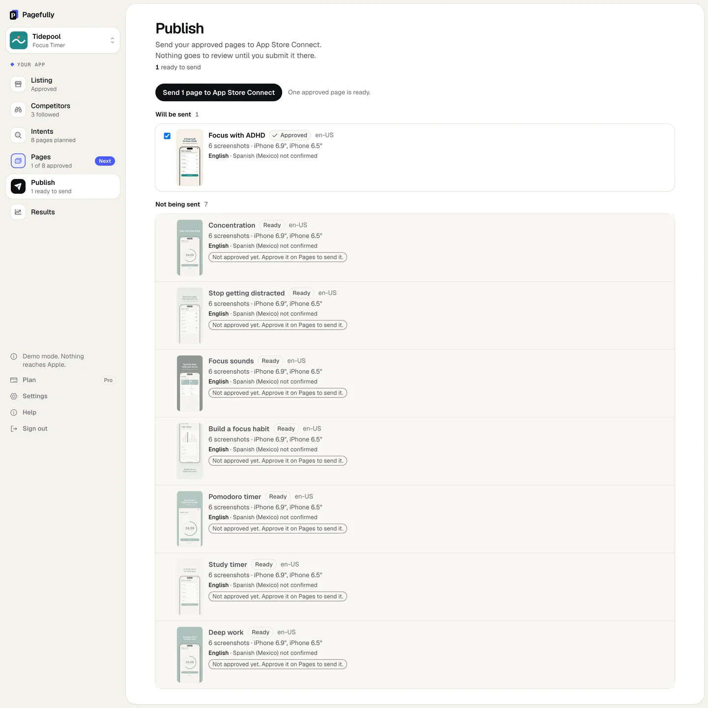 The Publish screen before sending: 1 ready to send, the button Send 1 page to App Store Connect, one page under Will be sent with the pill Approved, and seven under Not being sent marked Not approved yet. Approve it on Pages to send it.