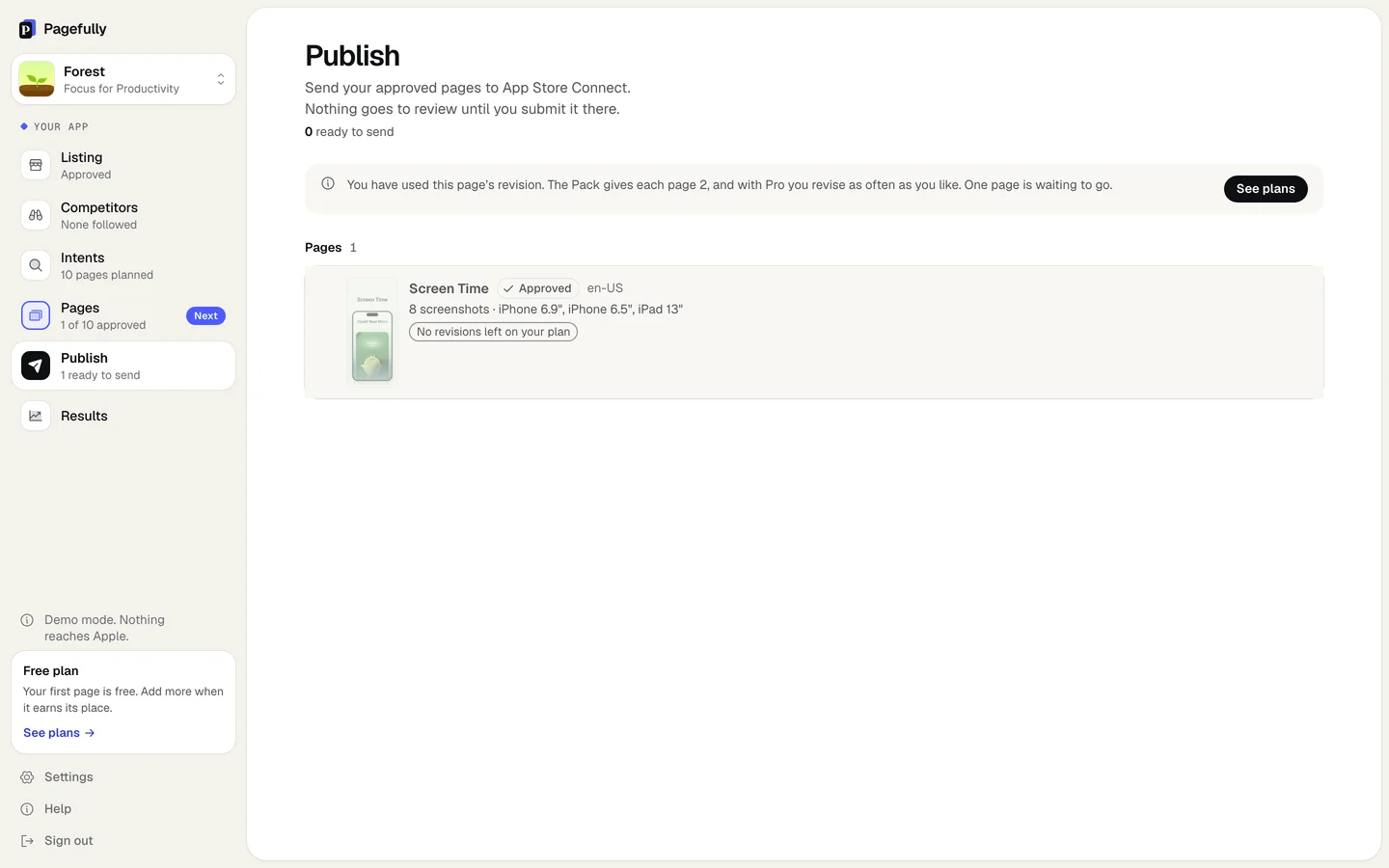 The Publish screen on Free after the page’s one revision is used: the notice You have used this page’s revision. The Pack gives each page 2, and with Pro you revise as often as you like. One page is waiting to go, with See plans, and the page’s pill No revisions left on your plan
