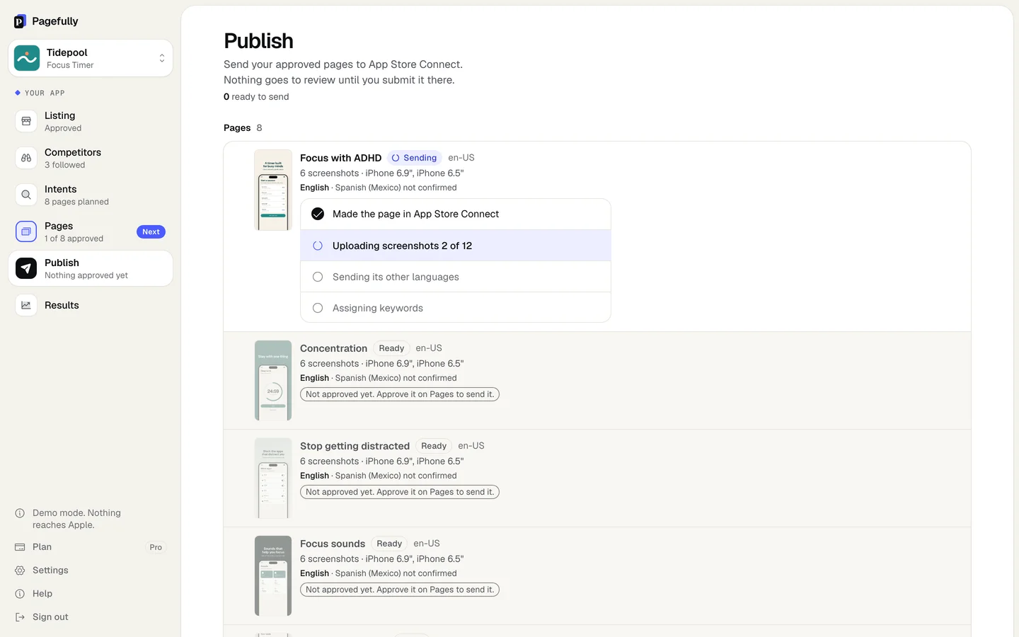 A page being sent: the pill Sending and the steps Made the page in App Store Connect, Uploading screenshots 2 of 12, Sending its other languages, Assigning keywords