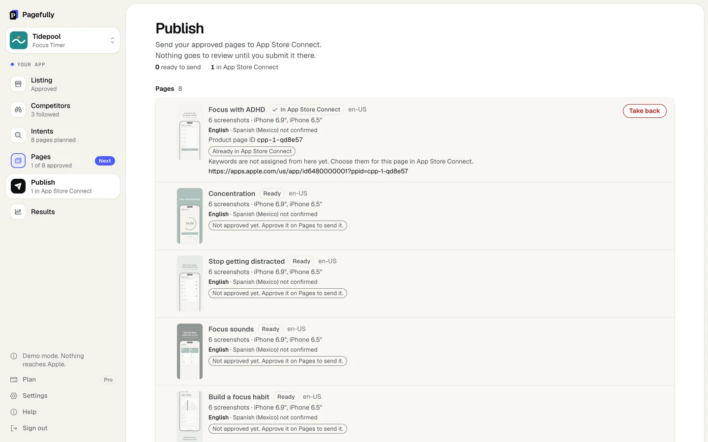Publish after sending: the page with the pill In App Store Connect, its Product page ID, the note that keywords are chosen in App Store Connect, and the Take back button