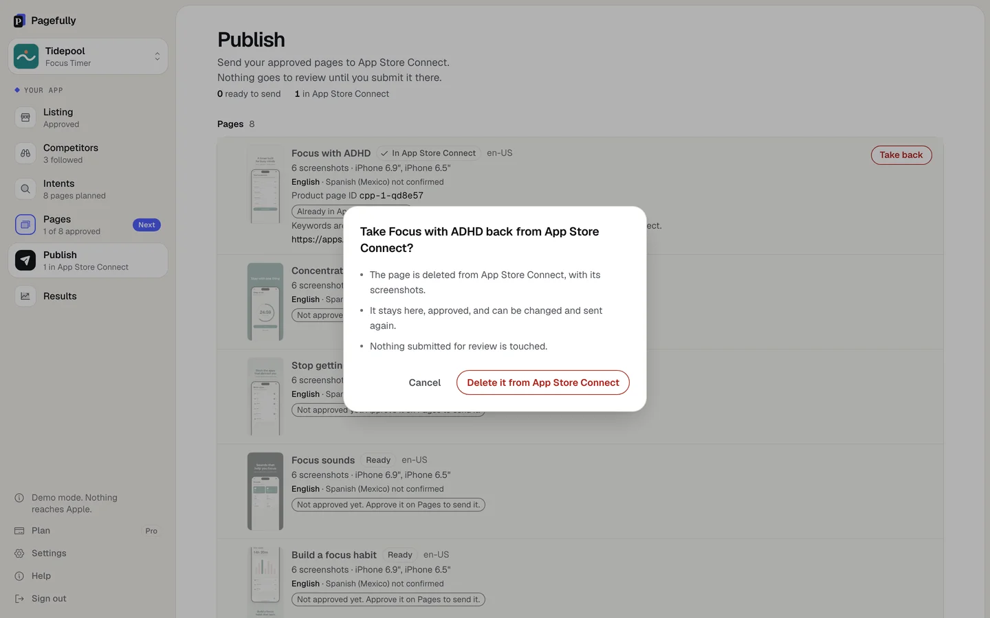 The sheet Take Focus with ADHD back from App Store Connect? with the buttons Cancel and Delete it from App Store Connect