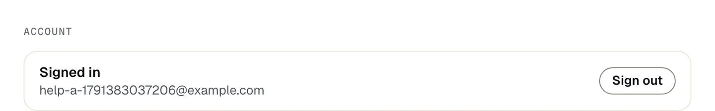 The Account section of Settings: the row Signed in with the account's email address and a Sign out button, and nothing else