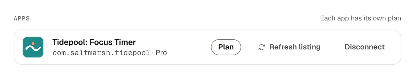 The Apps section of Settings, headed Each app has its own plan, with one app's row showing its plan and the buttons Plan, Refresh listing and Disconnect