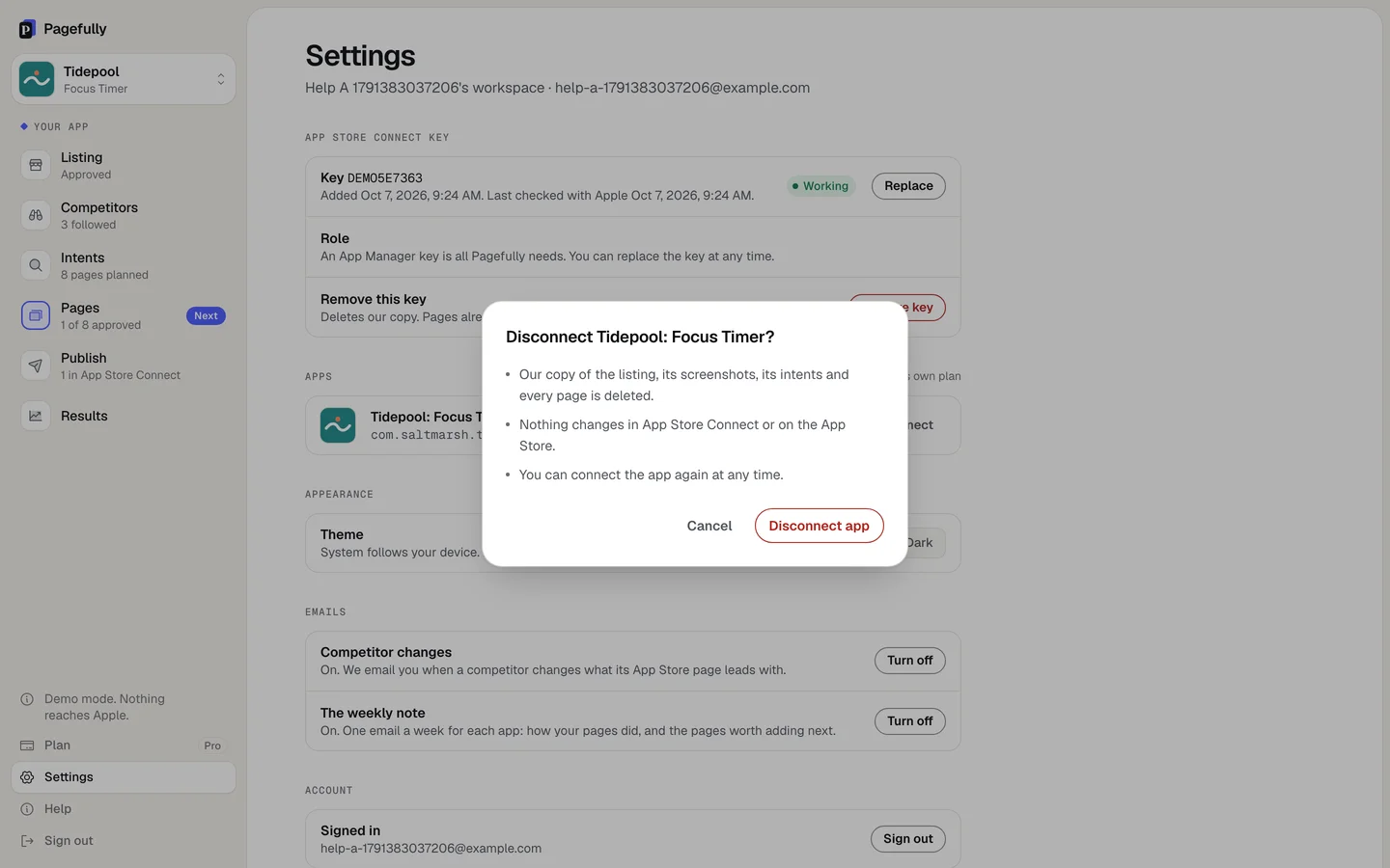 The Disconnect Tidepool: Focus Timer? sheet, listing what is deleted and that nothing changes at Apple, with the buttons Cancel and Disconnect app