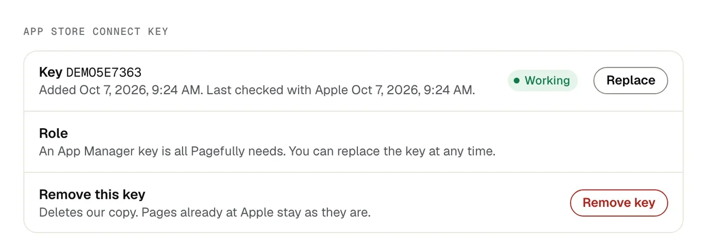 The App Store Connect key section of Settings: Key DEMO5E7363 with the pill Working and the button Replace, the row Role, and the row Remove this key with the button Remove key