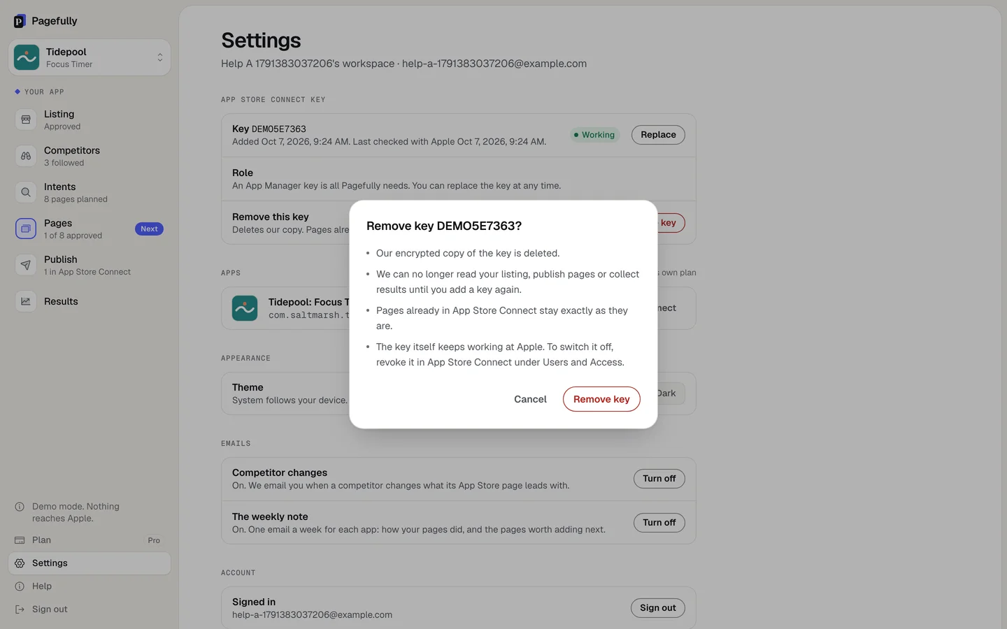 The Remove key DEMO5E7363? sheet, listing what happens, with the buttons Cancel and Remove key