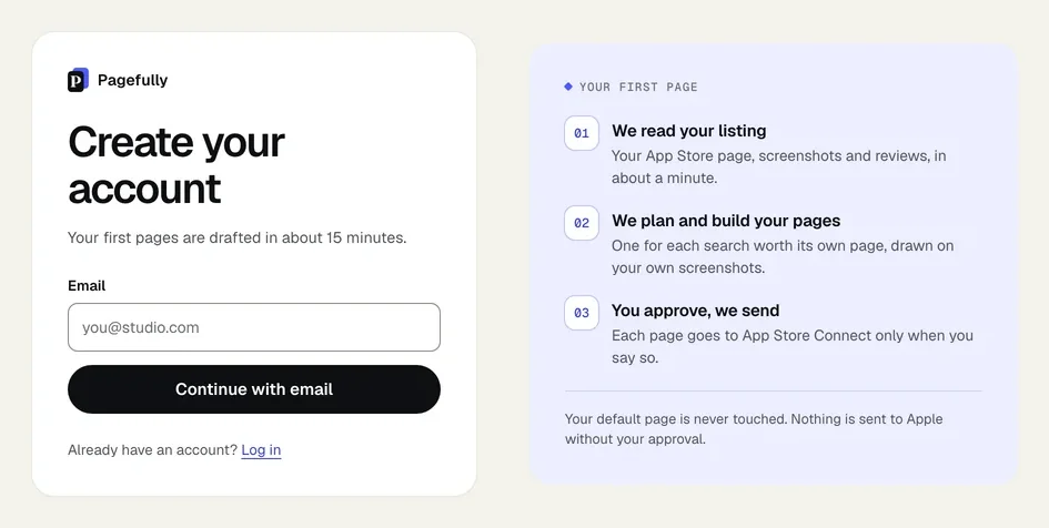 The Create your account form with the Email field and the button Continue with email; beside it the three steps under Your first page