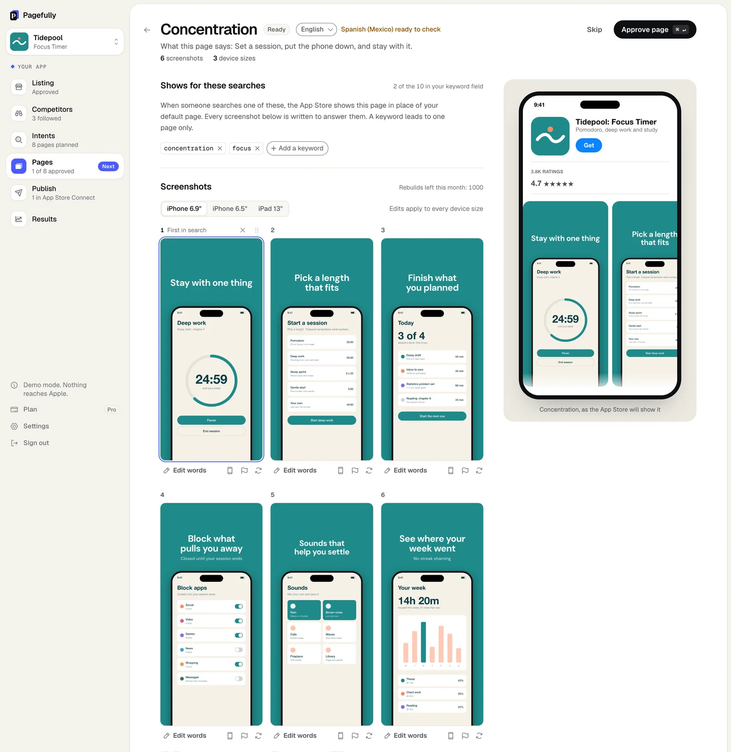 One page's editor: its two keywords, six screenshots with new headlines on the app's real screens, device size tabs, and a phone showing the page as the App Store will show it