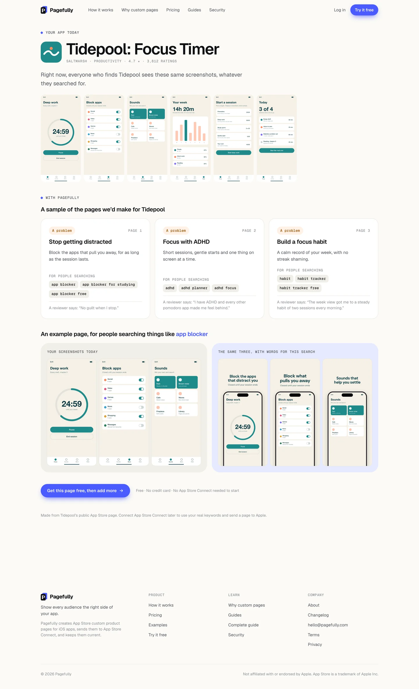 The free preview for a sample focus timer app: its six screenshots as they are today, three planned pages with the reason for each, and one page drawn on its own screens for people searching app blocker