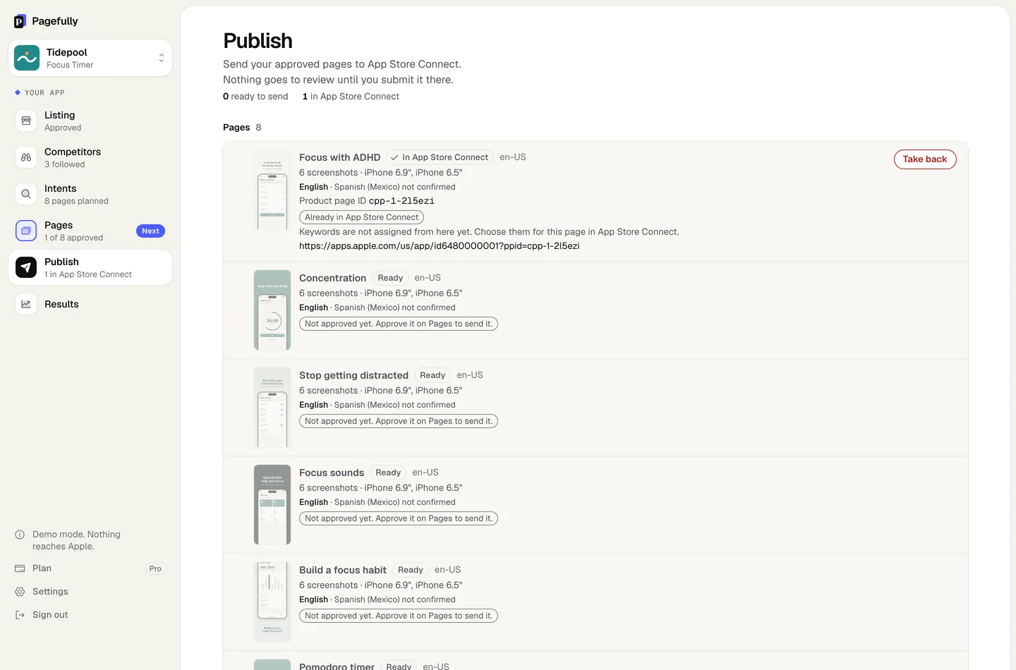 The Publish screen after one page was sent: the page is marked In App Store Connect with its product page id, and the other pages are marked Not approved yet